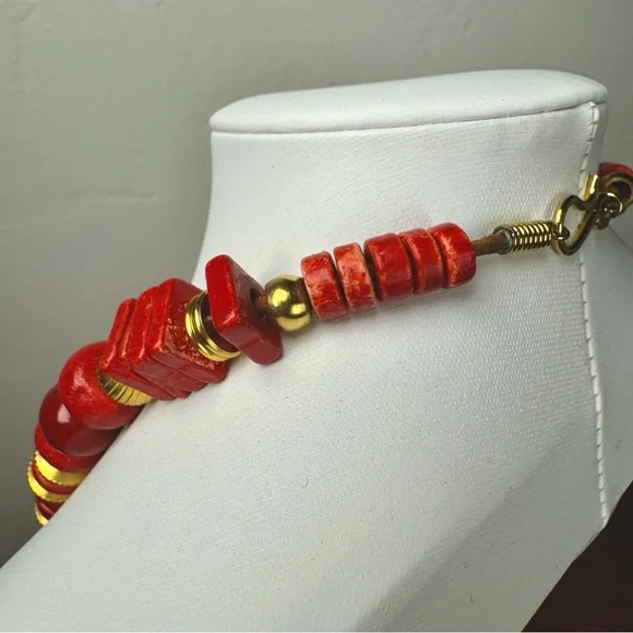 Bold Red Wood & Gold Statement Necklace – Chunky Beads, Boho Vintage Style - Picture 4 of 5